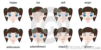 European baby girl portraits set of different happy and sad emotions expression on a toddler face. Cute slavic little Vector Illustration