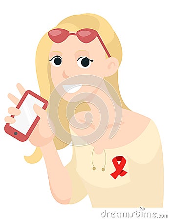 European blonde girl holding smartphone and smiling. World AIDS Day cartoon vector illustration in flat stylen Vector Illustration