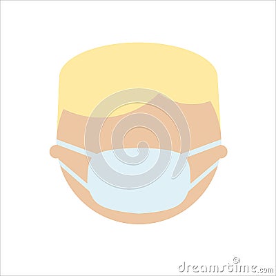 European blonde man in mask, flat character. Face in breathing mask. Warning quarantine. Coronavirus epidemic.Air pollution. Vector Illustration