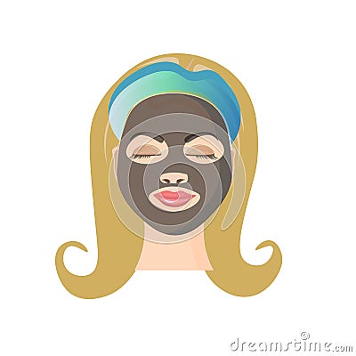 European blonde woman wearing black cosmetic facial mask. Vector Illustration