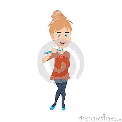 European blonde young woman brushing teeth with toothpaste. Dental care. Cartoon Illustration