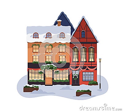 European building exterior with Christmas decoration. House facade with Xmas, winter holiday decor, snow on gable roof Vector Illustration