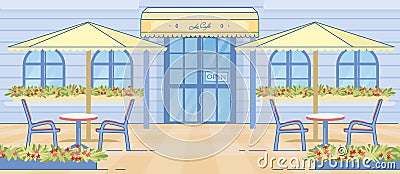 European Cafe Door Table and Chairs under Umbrella Vector Illustration