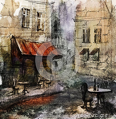 European cafe, graphic drawing in color Stock Photo