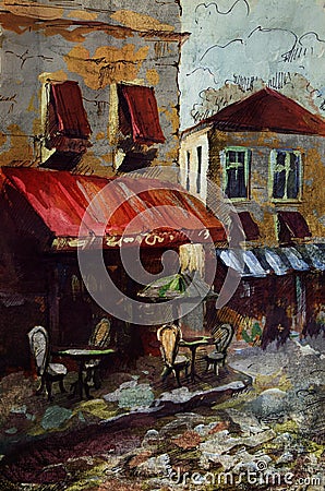 European cafe, graphic drawing in color Stock Photo