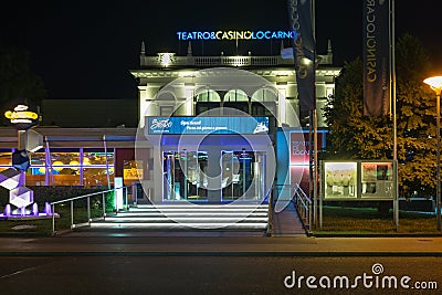 European casino with illuminated signs at night Locarno Switzerland Editorial Stock Photo