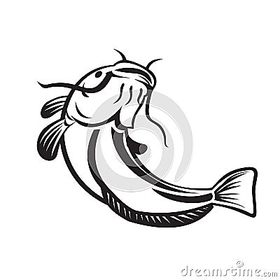 European Catfish or Wels Catfish Going Up Black and White Vector Illustration