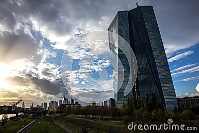 EZB Frankfurt EuropÃ¤ische Zentralbank European Central Bank cloudy blue sky old crane in the sun Stock Photo