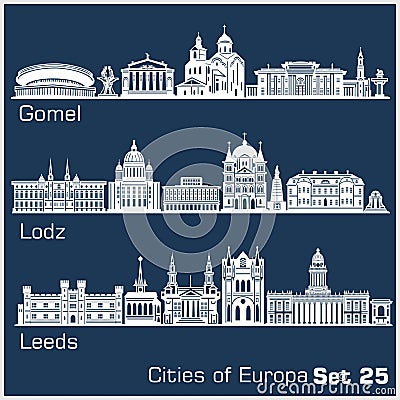 European cities - Gomel, Lodz, Leeds. Detailed architecture. Vector Illustration