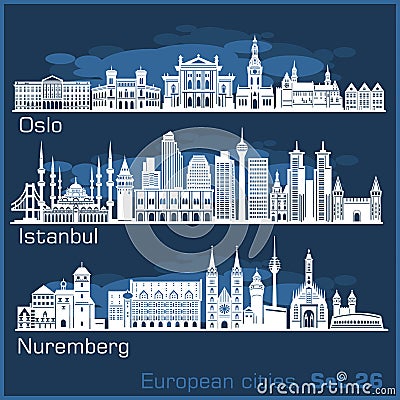 European cities - Oslo, Istanbul, Nuremberg. Detailed architecture. Vector Illustration