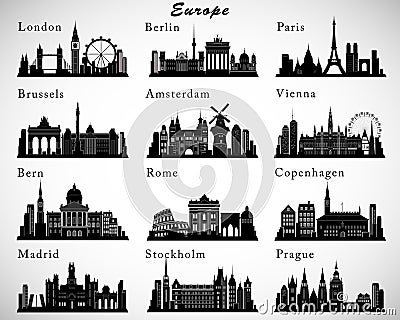 European Cities skylines set. Vector silhouettes Vector Illustration