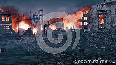 Destroyed burning city in ruins after World War 2 Cartoon Illustration