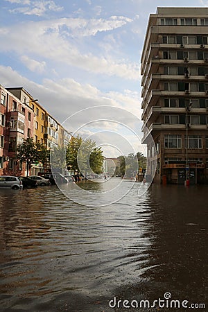 European city flooded during a heavy rain Editorial Stock Photo