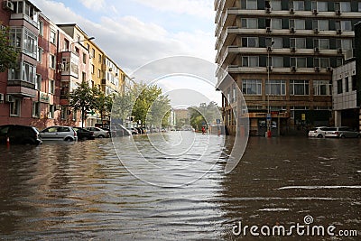 European city flooded during a heavy rain Editorial Stock Photo