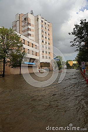 European city flooded during a heavy rain Editorial Stock Photo