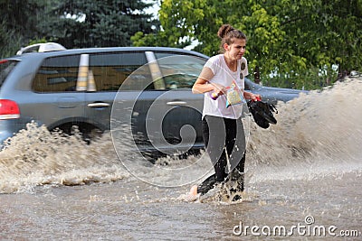 European city flooded during a heavy rain Editorial Stock Photo