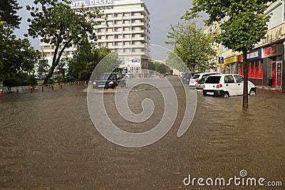 European city flooded during a heavy rain Editorial Stock Photo