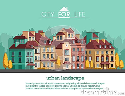 European city with historical buildings. Traditional architecture landscape. Vector Illustration