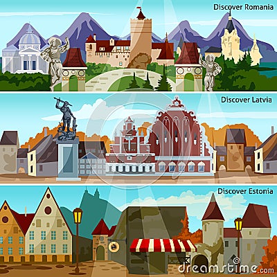 European Cityscapes Banners Set Vector Illustration