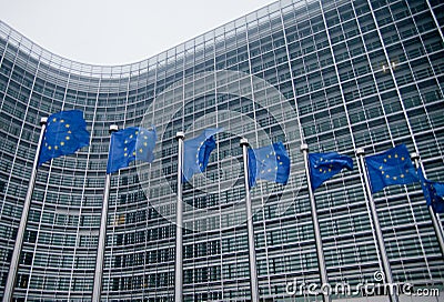 European Commission with EU flags Stock Photo