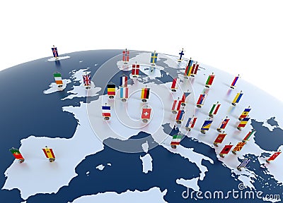 European continent marked with flags Cartoon Illustration