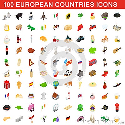 100 European countries icons set, isometric style Vector Illustration