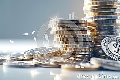 European currency Euro coins stacked in diverse positions, close up shot Stock Photo