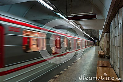 European Czech metro subway transit vehicle in motion - Subway Station Stock Photo