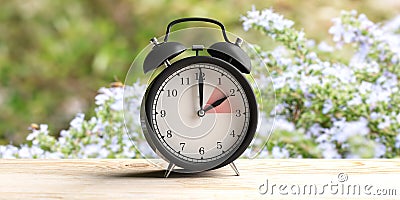 European daylight saving time. Alarm clock on wooden desk, blur spring nature background. 3d illustration Cartoon Illustration