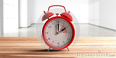 European daylight saving time. Red alarm clock on wooden desk, empty home background. 3d illustration Cartoon Illustration