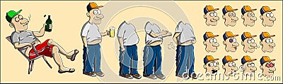 European driver character drawing with different facial expressions and body poses. Cartoon man with blue jeans tracksuit and whi Vector Illustration
