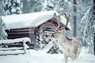 European fallow deer in winter forest against the background of a snow covered forest hut Stock Photo