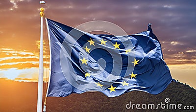 European flag as it unfurls and dances gracefully in the breeze, symbolizing the unity and diversity of the continent. Stock Photo