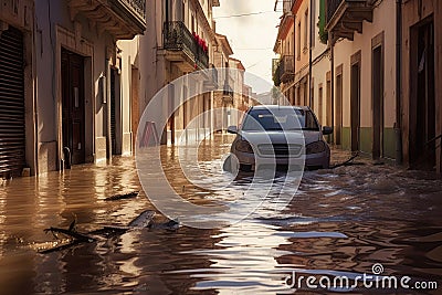 European Flood Crisis Documenting the Submersion of City Roads Stock Photo