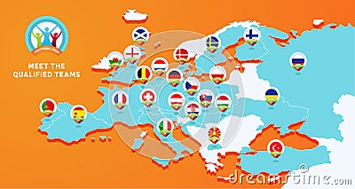 European 2020 football championship Vector illustration with a map of Europe with highlighted countries flag that qualified to Vector Illustration