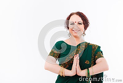 European girl in green indian saree Stock Photo