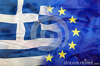 European and Greece flag. Euro money. Euro currency. Colorful waving Euro and greece flag on a euro money background. Symbolic rep Stock Photo