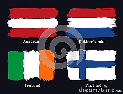 European grunge flags. Flags of Austria, Netherland, Finland and Vector Illustration