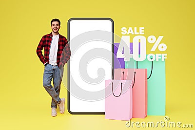 European Guy Customer Standing Near Empty Phone Advertising Sale, Collage Stock Photo