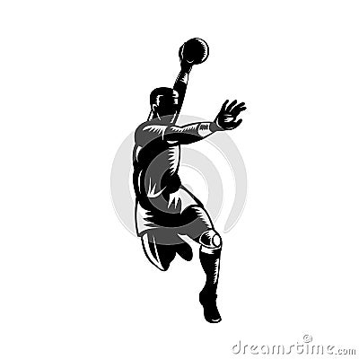 European Handball Player Jumping Scoring Woodcut Black and White Vector Illustration