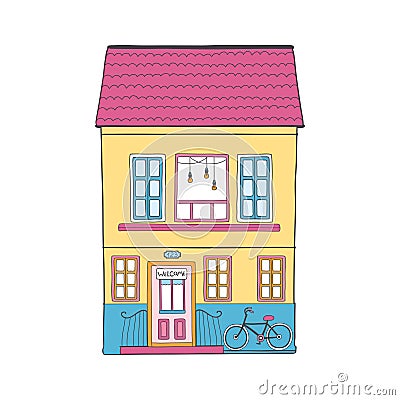 European house. Cute Dutch building with porch and bike. Colorful vector illustration in a hand-drawn childish Vector Illustration