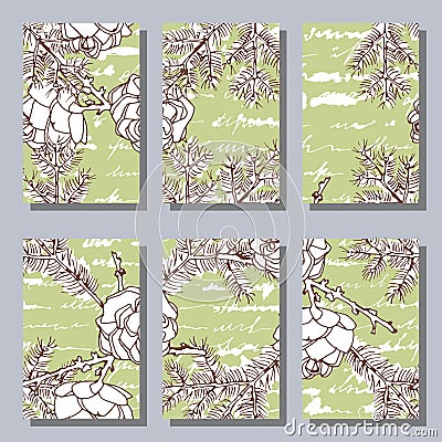 European larch branches and cones. Set of 6 hand-drawn cards. Vector illustration. Vector Illustration