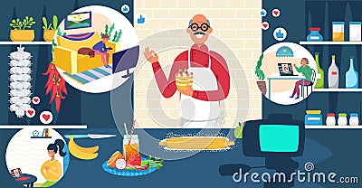 European modern culinary internet blogger share recipe with viewer, stream online influencer head chef male flat vector Vector Illustration