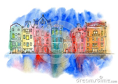 European old houses. Holland. Watercolor Cartoon Illustration