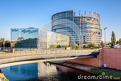 The European Parliament building by the Marne-Rhine canal in Strasbourg, France Editorial Stock Photo