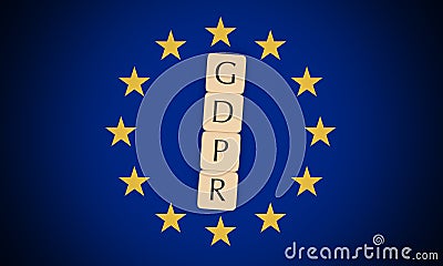 European Politics News Concept: Letter Tiles GDPR On EU Flag, 3d illustration Cartoon Illustration