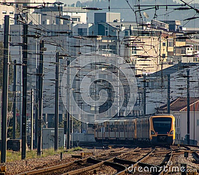 European train leaving the station Stock Photo