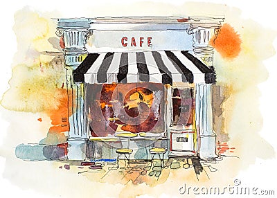 European retro restaurant or cafe Watercolor illustration Cartoon Illustration