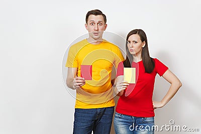 Beautiful European young people, football fan or player on white background. Sport, play, health, healthy lifestyle concept. Stock Photo
