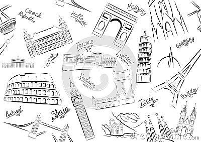 European sights. Seamless. Black and white. Vector Illustration